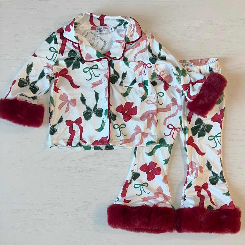 🎄Rylee Faith Designs Christmas Bows Fur Trim Girl Pajama Set 2T 3T 4 5